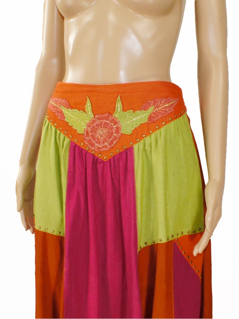 Vintage 80s Western Patchwork Orange Pink Green Colourblock Studded Long Skirt - Picture 2 of 5